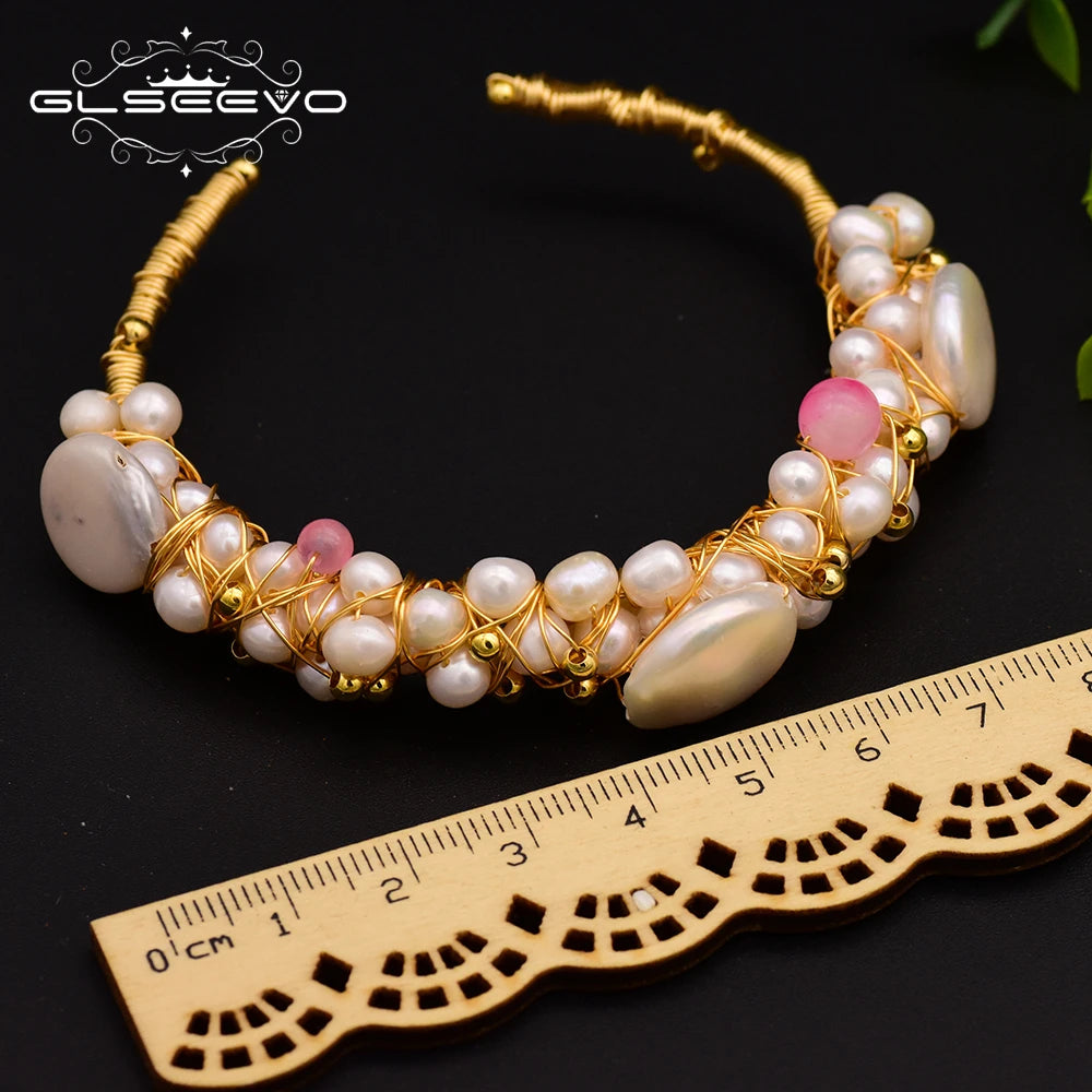 GLSEEVO Original Natural Fresh Water Baroque Pearl Bangle & Bracelet For Women Wife Wedding Handmade Adjustable Jewellery GB0060