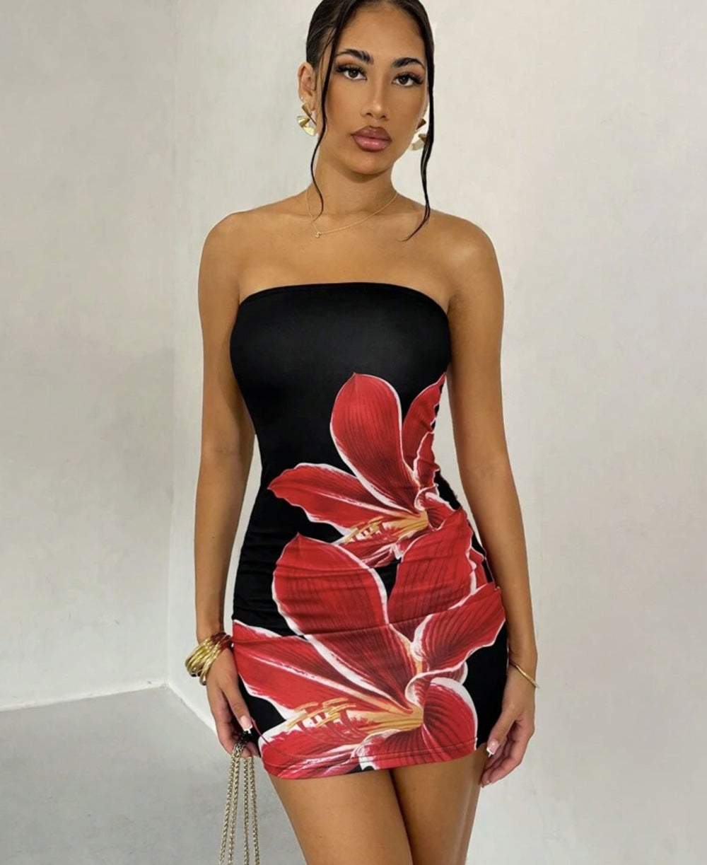 Flora Curve Flower Print Slim Fit Mini Dress
