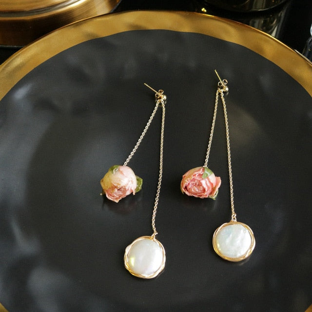 GLSEEVO Natural Fresh Water Baroque Pearl Dangle Earrings For Women Flower Drop Earrings Wedding Gifts Fine Jewellery