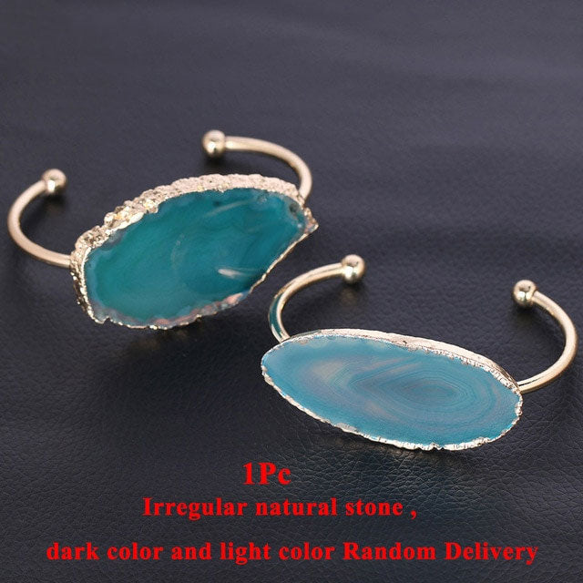 Natural Stone Hand Jewellery Irregular Nature Agates Slice Half Open Bangles for Women Gold Color Charms Bracelet