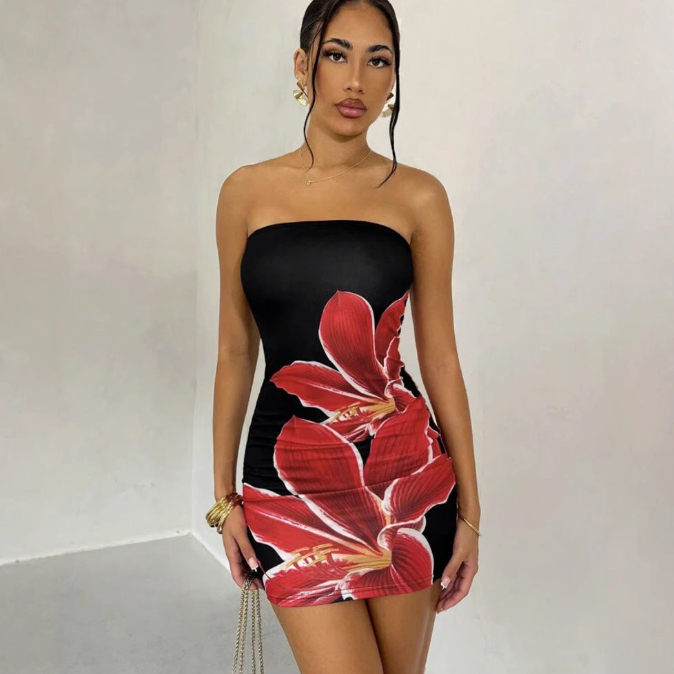 Flora Curve Flower Print Slim Fit Mini Dress