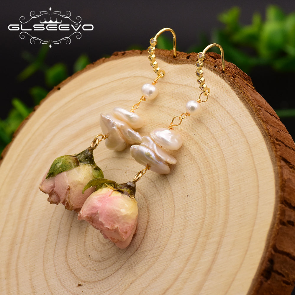 GLSEEVO Natural Fresh Water Baroque Pearl Dangle Earrings For Women Flower Drop Earrings Wedding Gifts Fine Jewellery
