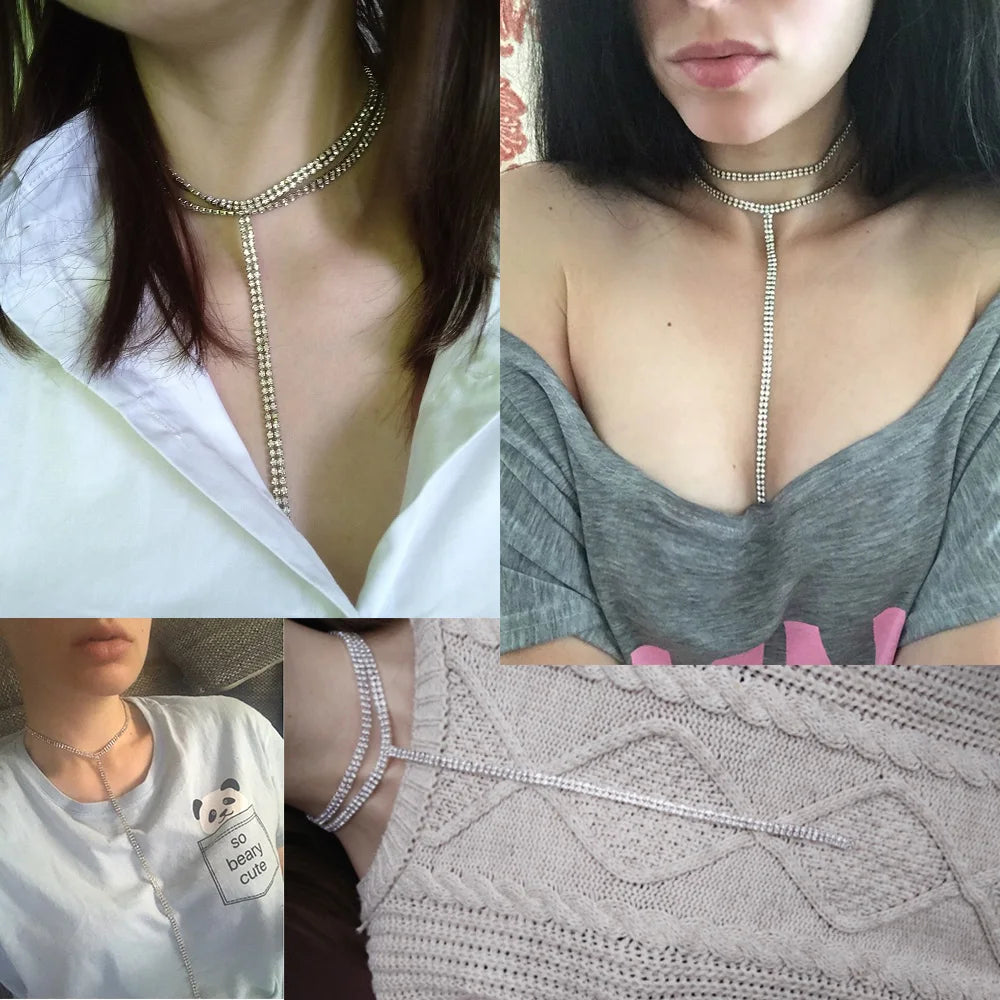 Rhinestone Double Choker Lariat Necklace