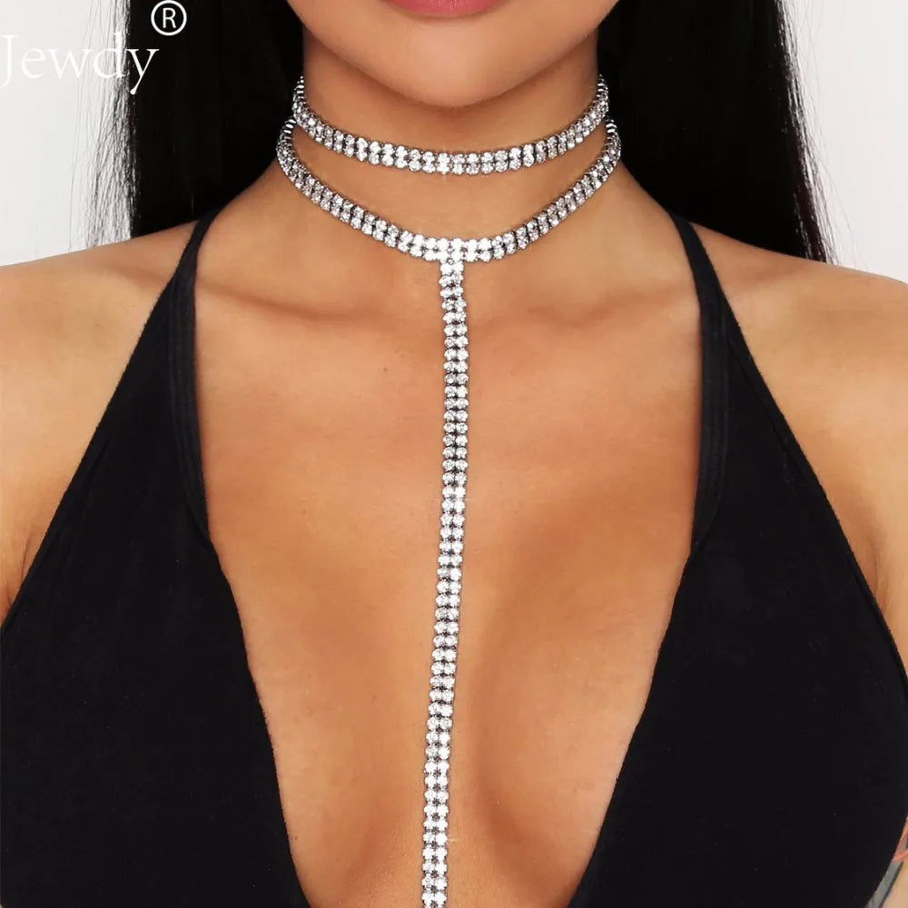 Rhinestone Double Choker Lariat Necklace